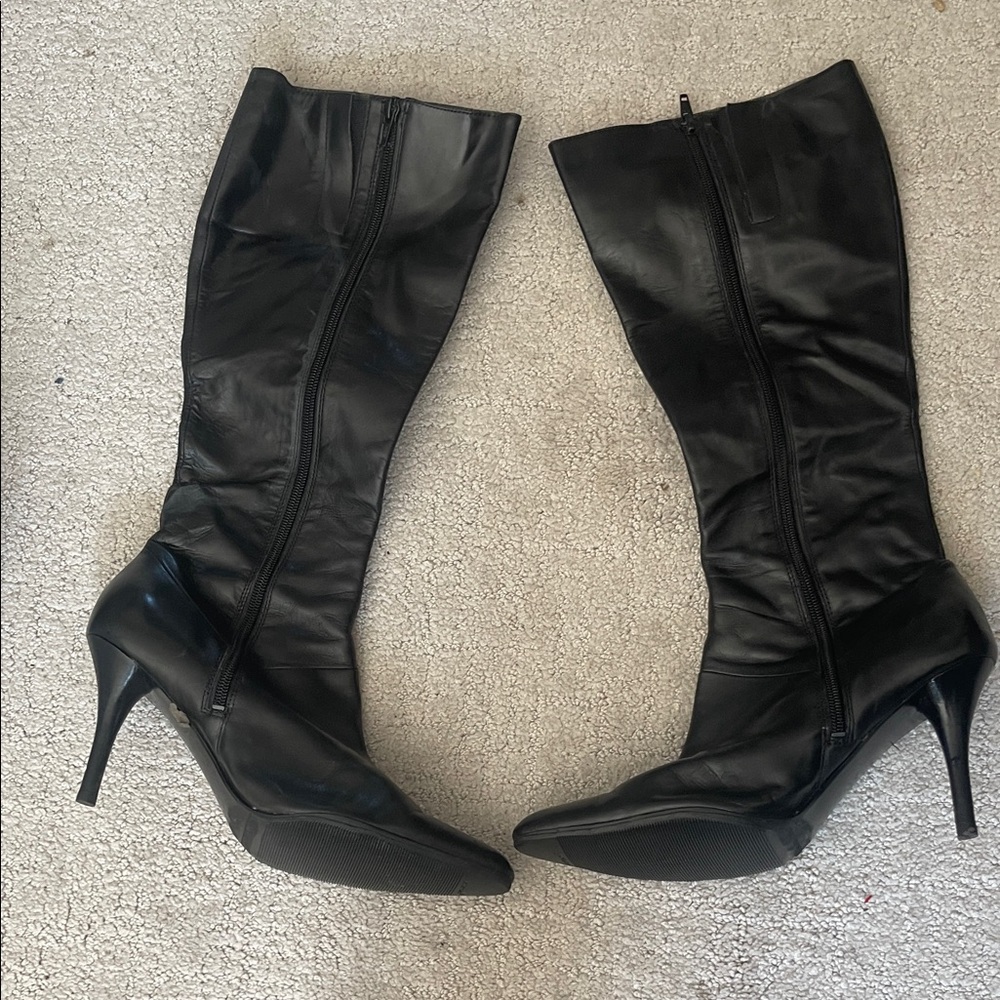 Classic Black Leather Knee-High Stiletto Boots